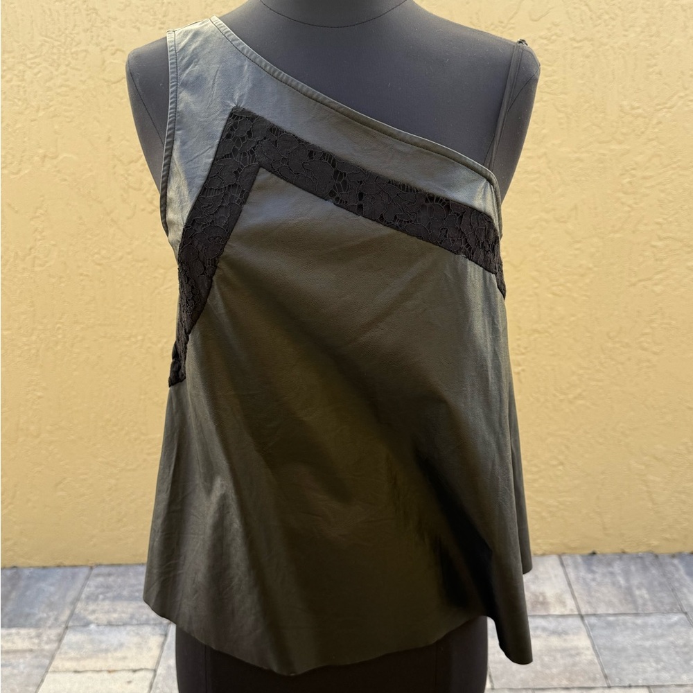 MUCHE & MUCHETTE Black Faux Leather Lace One Shoulder Top S/M $109 Free People